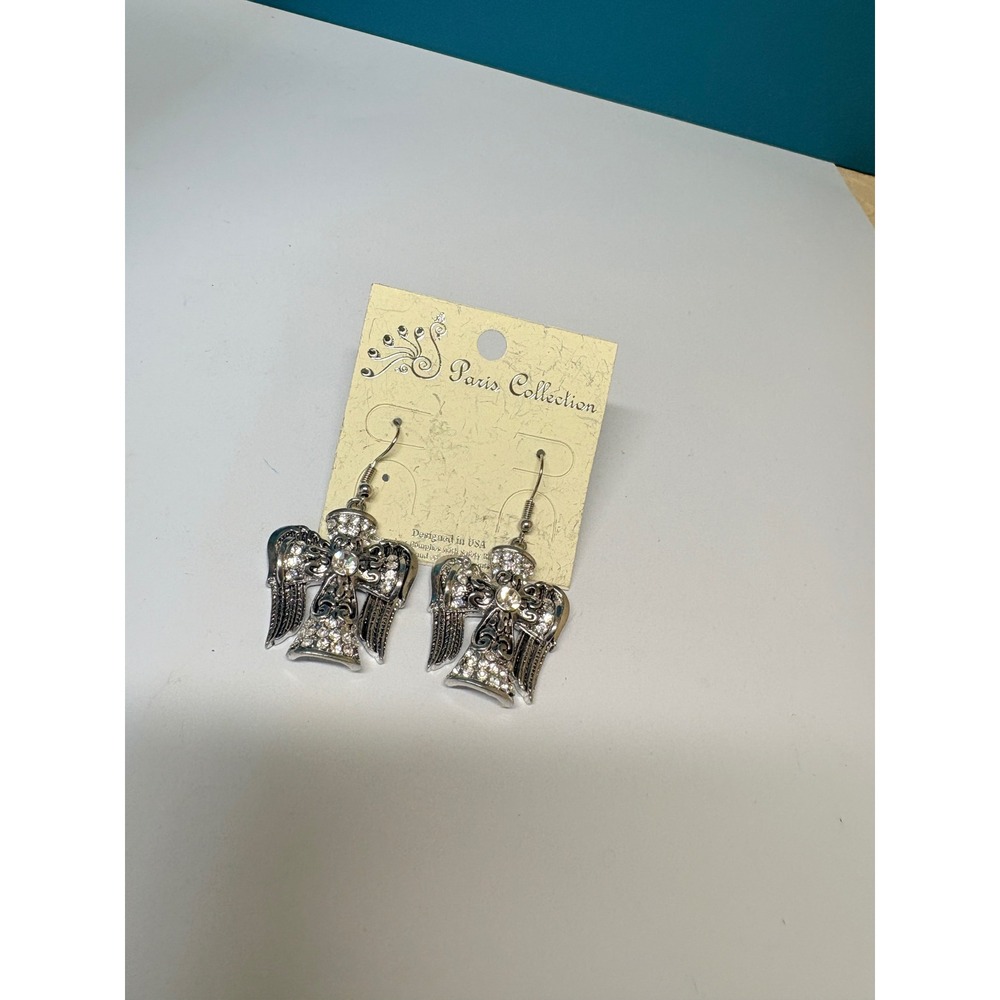 Paris Collection Silver Tone Rhinestone Angel Wing Drop‎ Earrings FE-17678-5CL